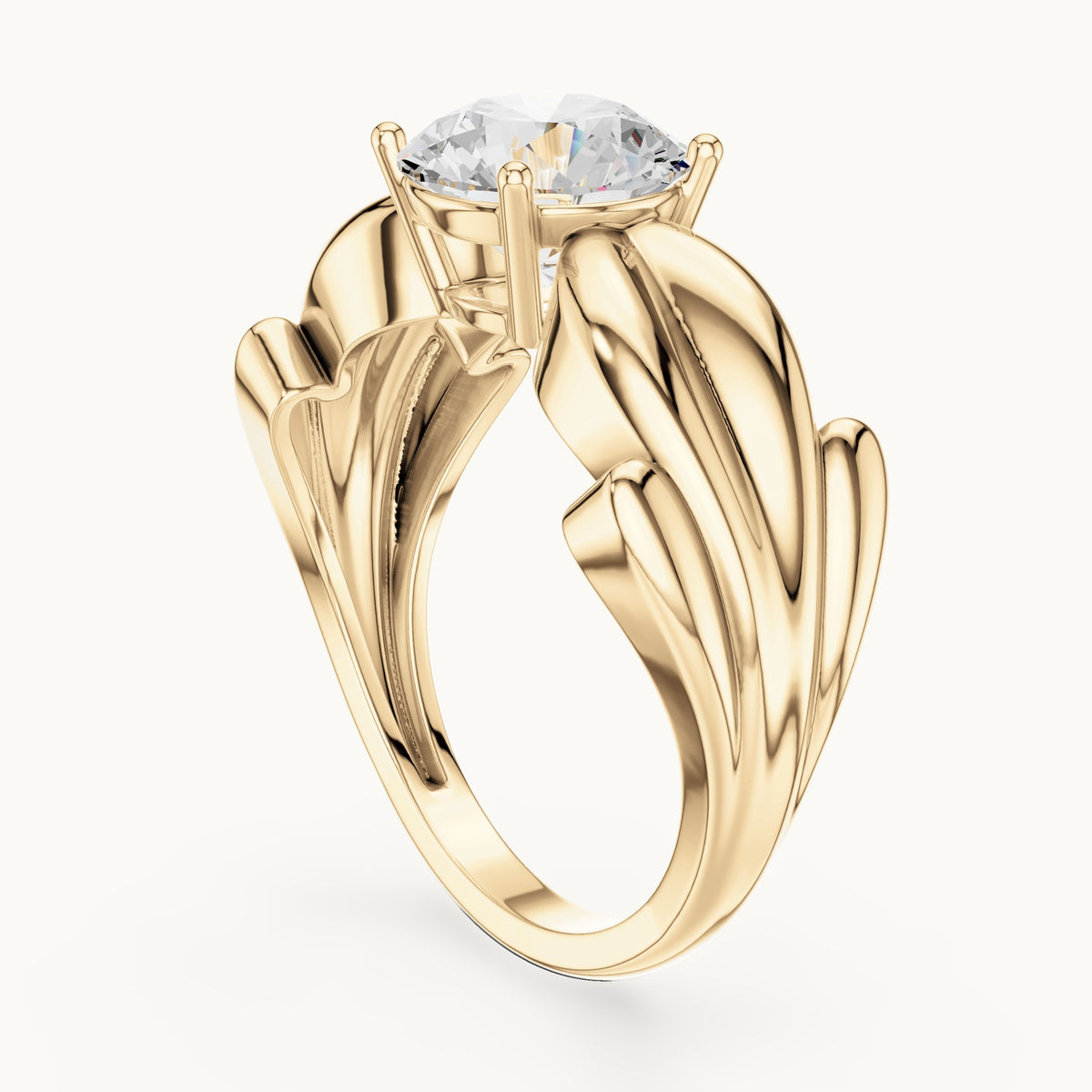 Round lab-grown diamond leaf solitaire engagement ring in yellow gold, 1.60 CT TW, view 1