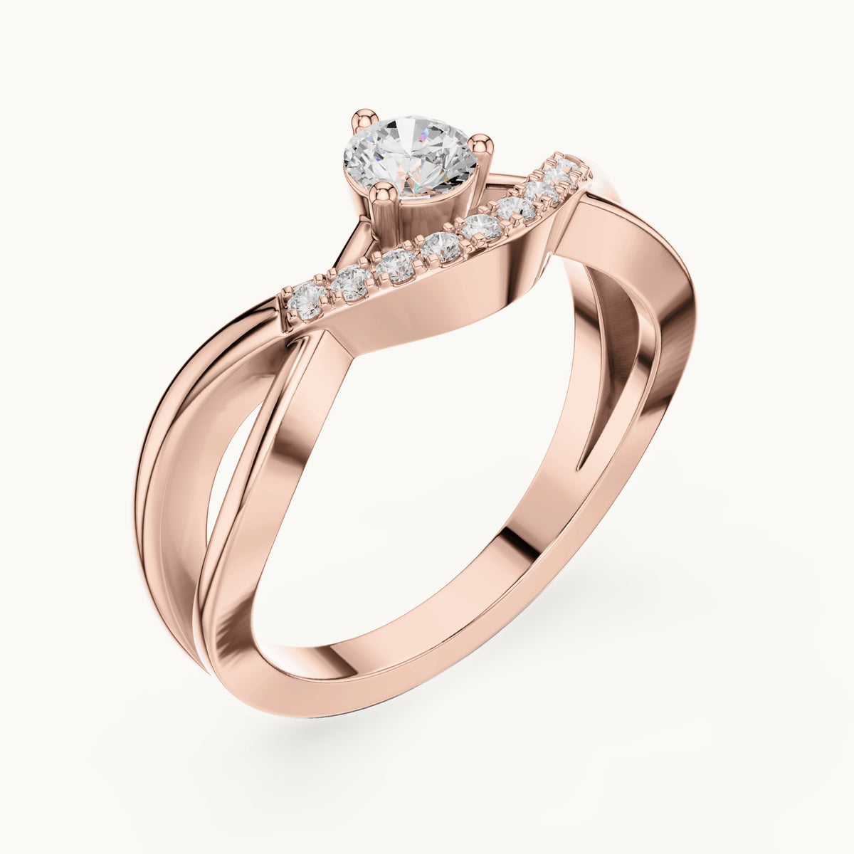 Round lab-grown diamond crossover engagement ring with curved pavé accent in rose gold, 0.34 CT TW, view 2