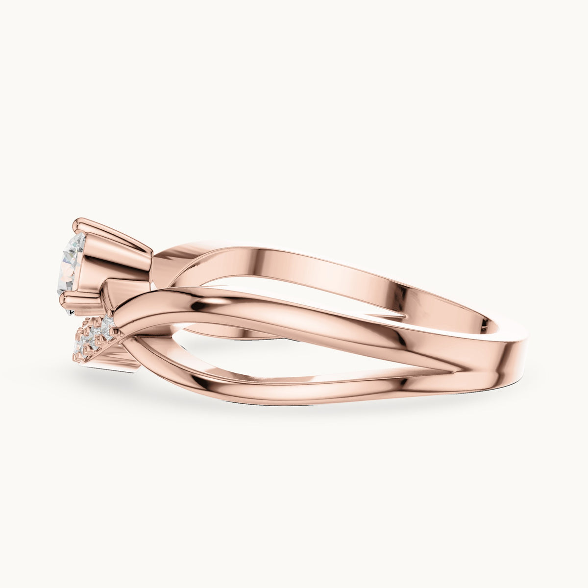 Round lab-grown diamond crossover engagement ring with curved pavé accent in rose gold, 0.34 CT TW, view 3