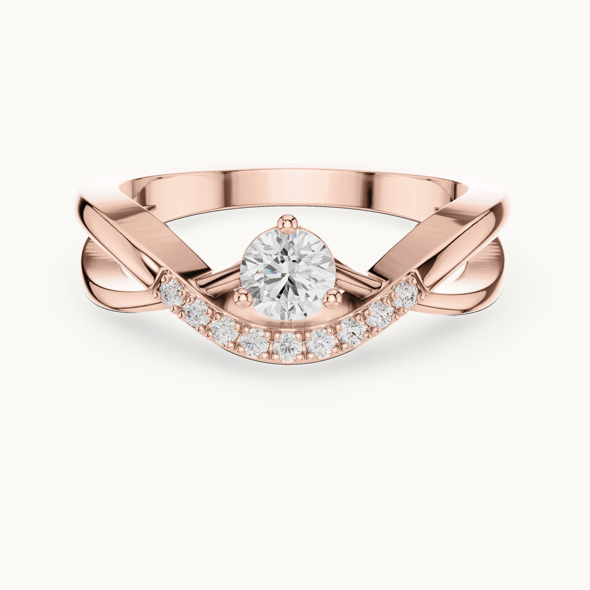 Round lab-grown diamond crossover engagement ring with curved pavé accent in rose gold, 0.34 CT TW, view 4