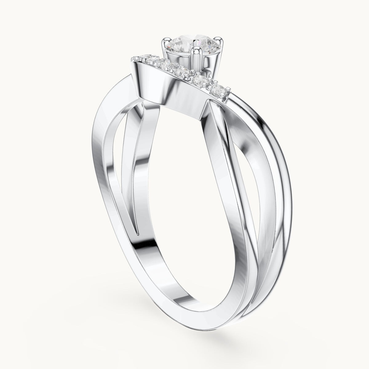 Round lab-grown diamond crossover engagement ring with curved pavé accent in white gold, 0.34 CT TW, view 1