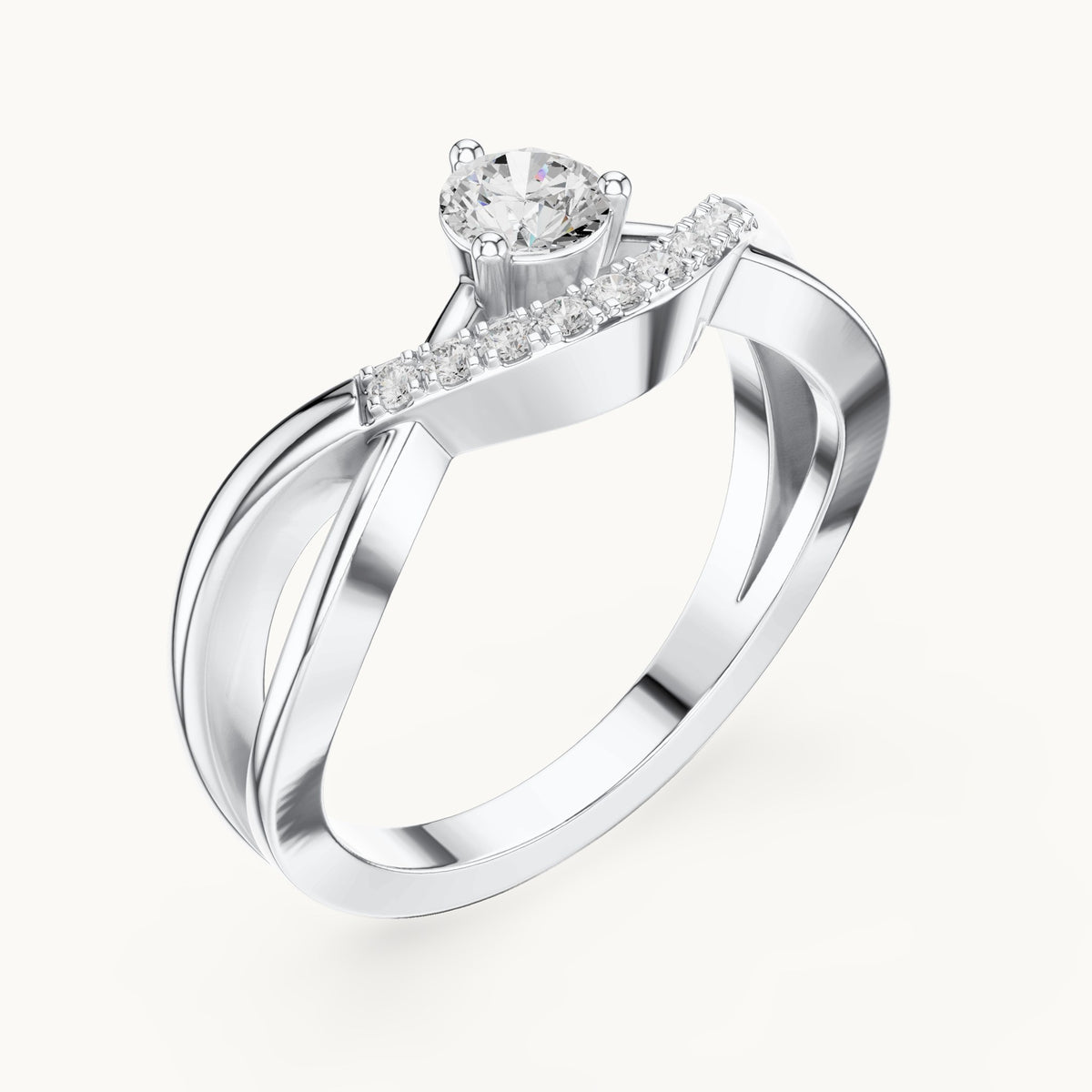 Round lab-grown diamond crossover engagement ring with curved pavé accent in white gold, 0.34 CT TW, view 2