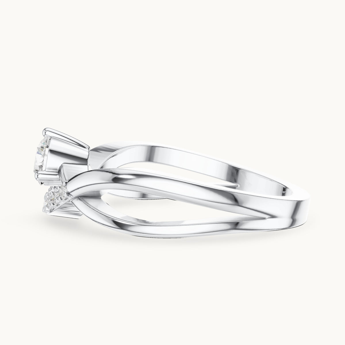Round lab-grown diamond crossover engagement ring with curved pavé accent in white gold, 0.34 CT TW, view 3