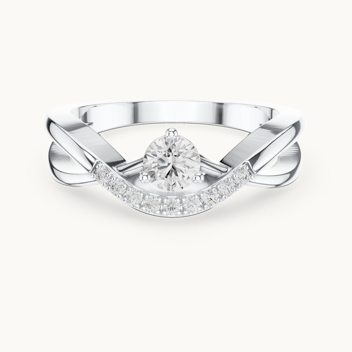 Round lab-grown diamond crossover engagement ring with curved pavé accent in white gold, 0.34 CT TW, view 4