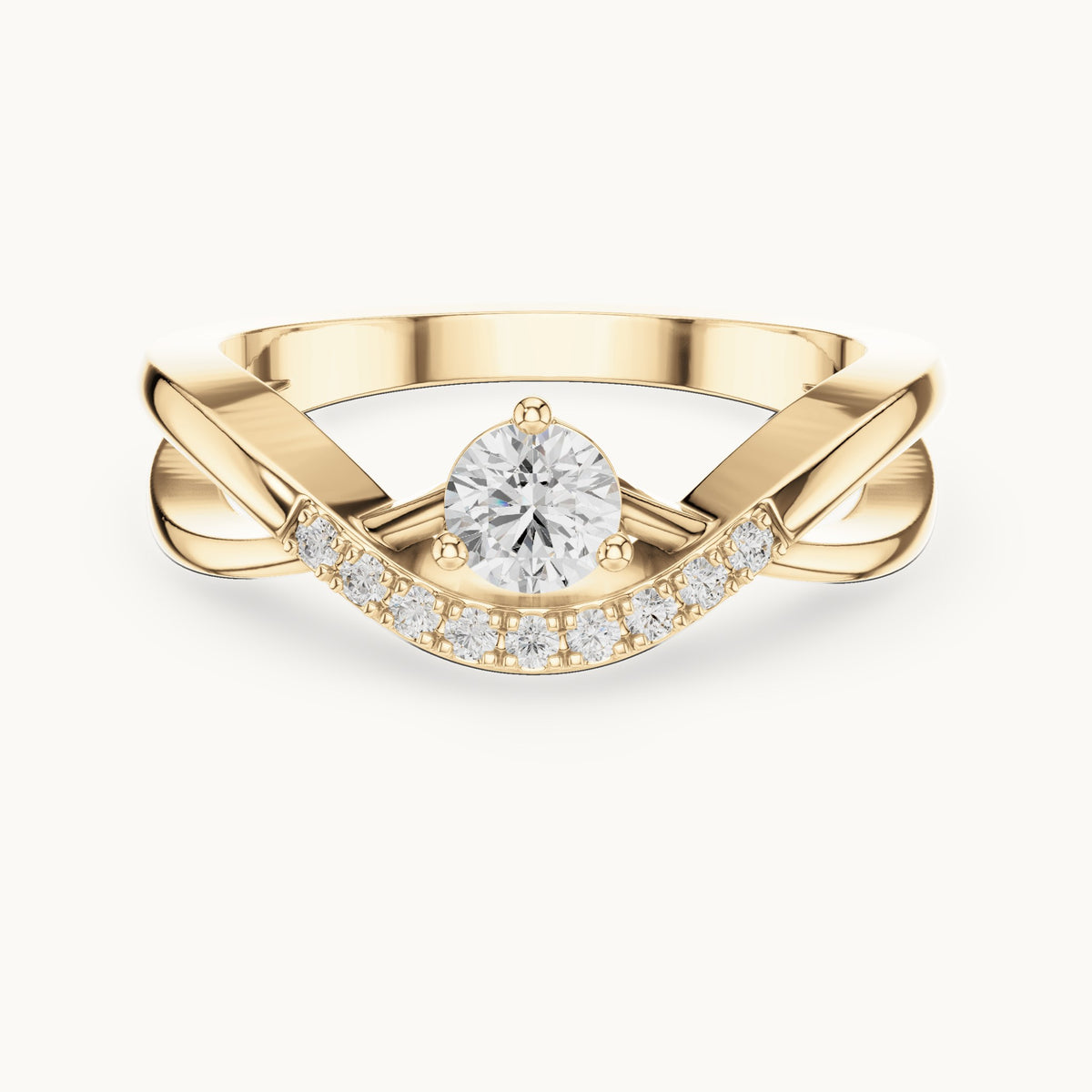 Round lab-grown diamond crossover engagement ring with curved pavé accent in yellow gold, 0.34 CT TW, view 4