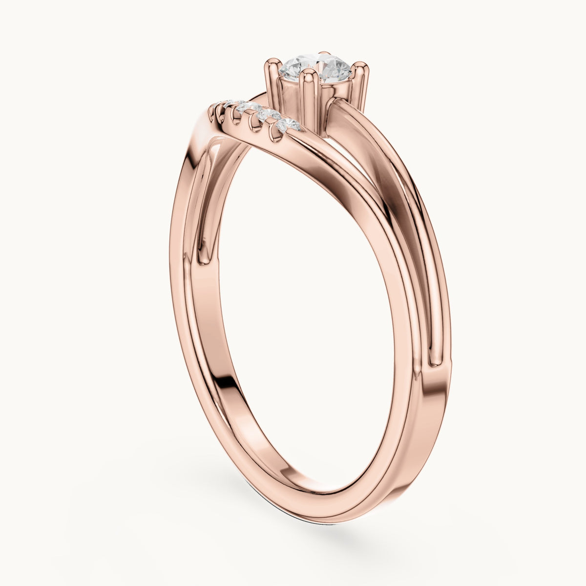 Round lab-grown diamond split band engagement ring with diamond accents in rose gold, 0.178 CT TW, view 1