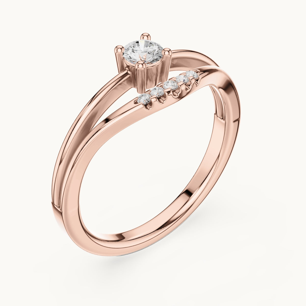 Round lab-grown diamond split band engagement ring with diamond accents in rose gold, 0.178 CT TW, view 2