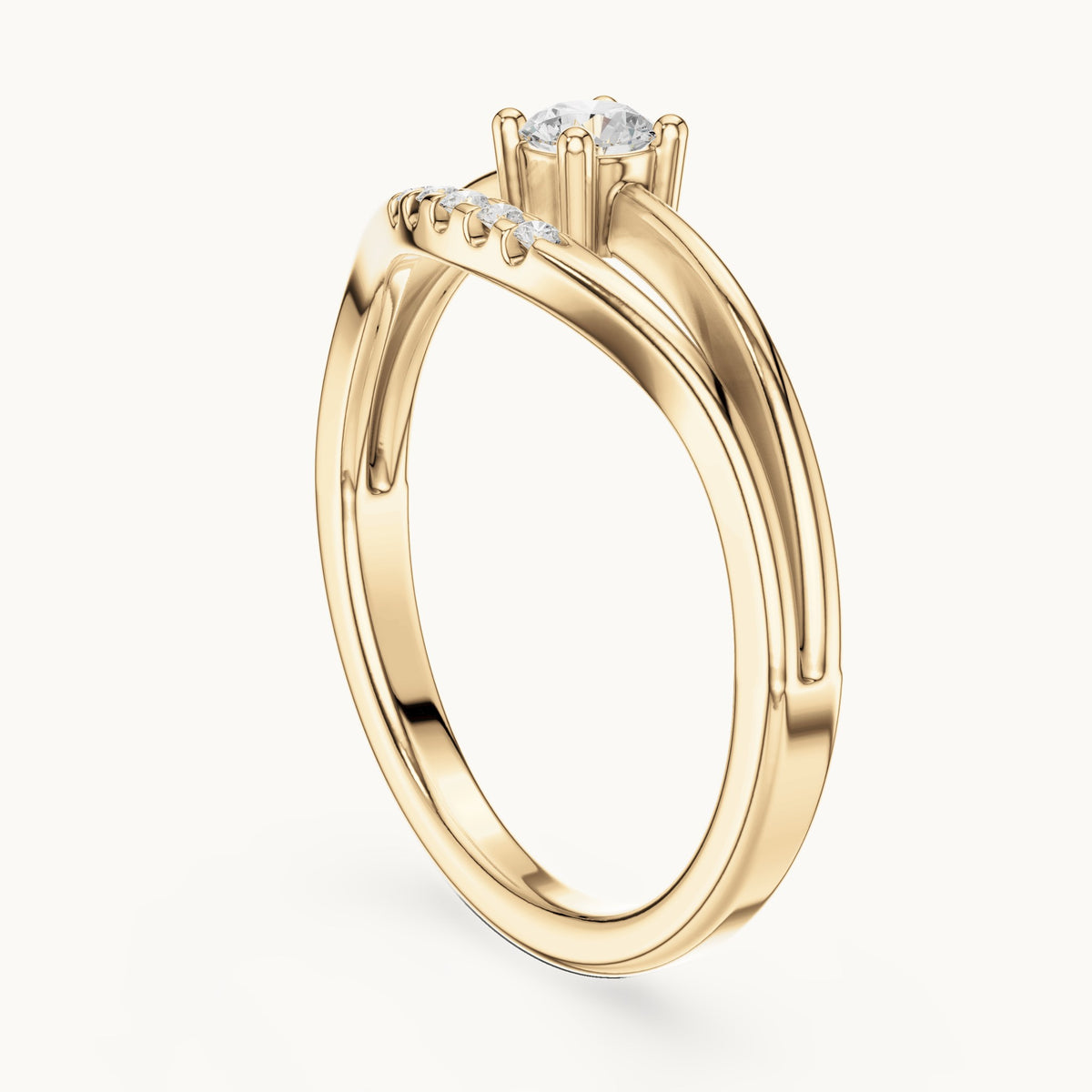 Round lab-grown diamond split band engagement ring with diamond accents in yellow gold, 0.178 CT TW, view 1