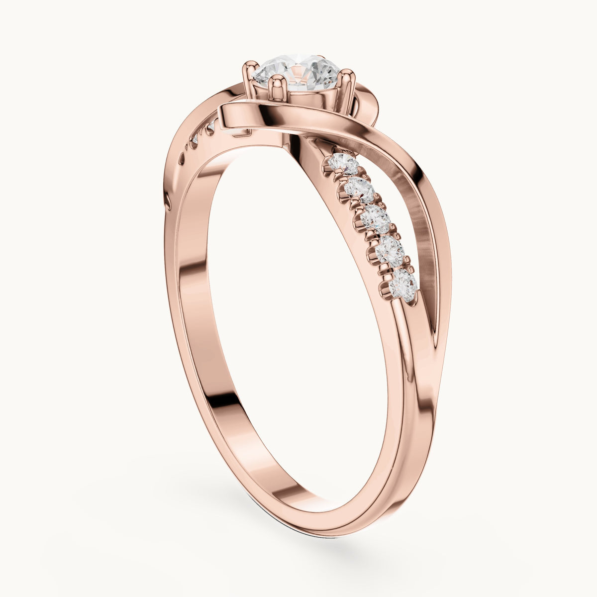 Round lab-grown diamond twisted bypass engagement ring with pavé shoulders in rose gold, 0.37 CT TW, view 1
