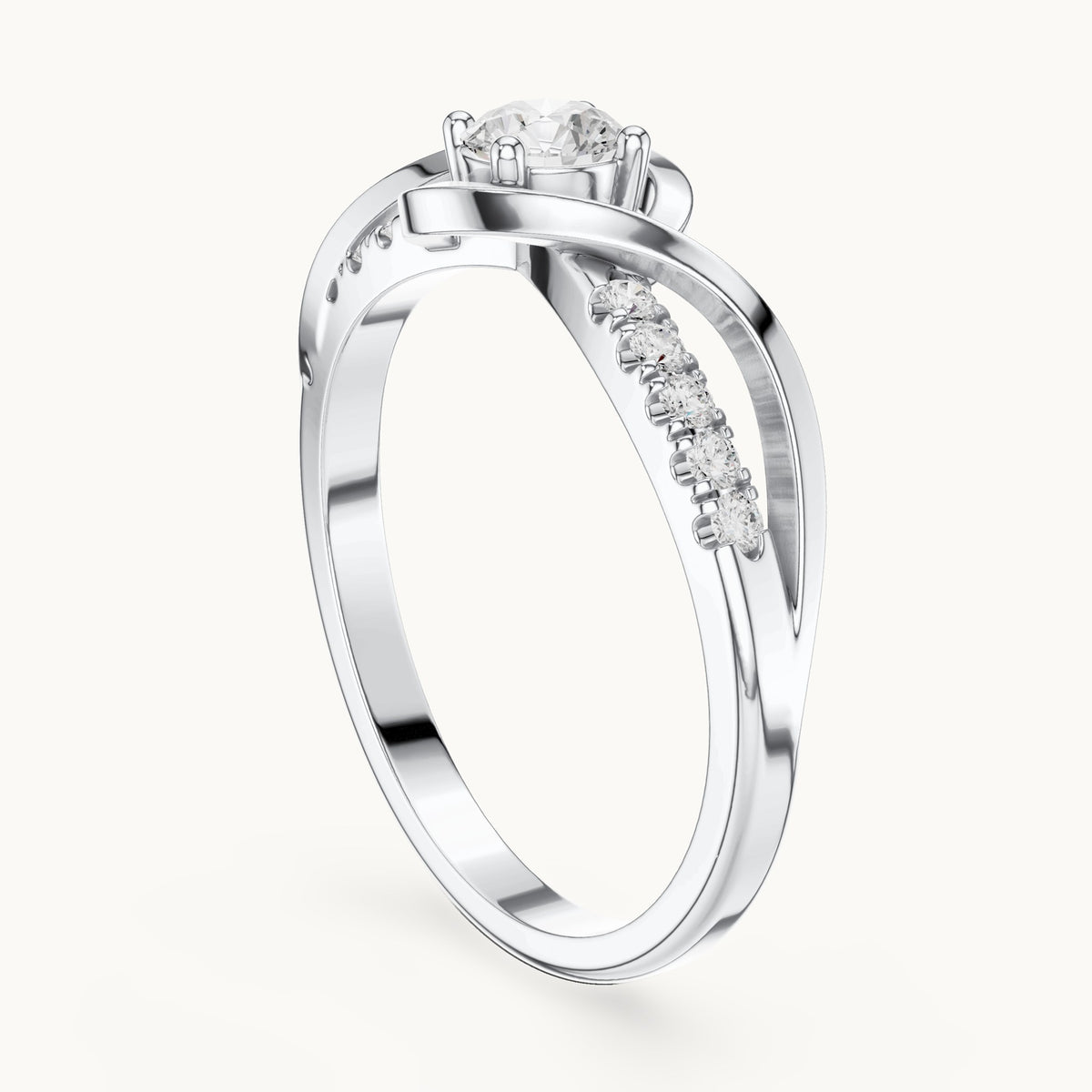 Round lab-grown diamond twisted bypass engagement ring with pavé shoulders in white gold, 0.37 CT TW, view 1
