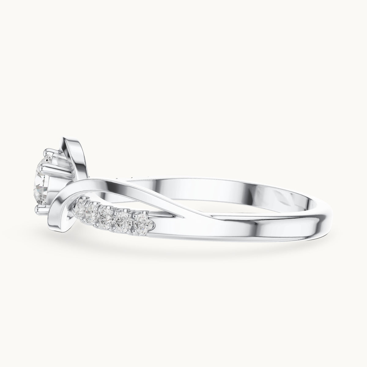 Round lab-grown diamond twisted bypass engagement ring with pavé shoulders in white gold, 0.37 CT TW, view 3