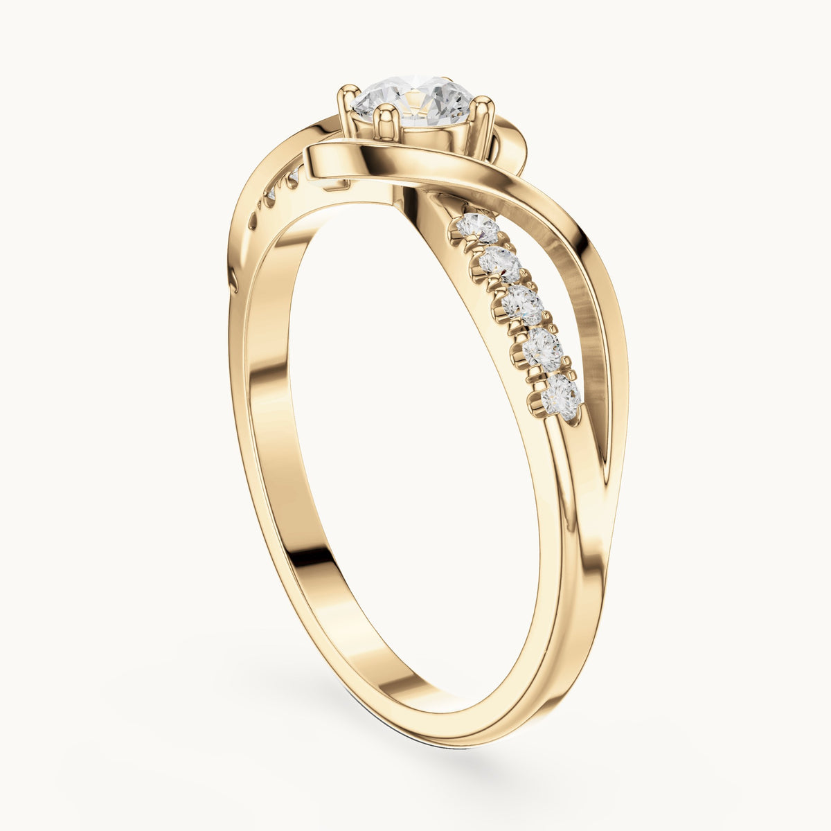 Round lab-grown diamond twisted bypass engagement ring with pavé shoulders in yellow gold, 0.37 CT TW, view 1