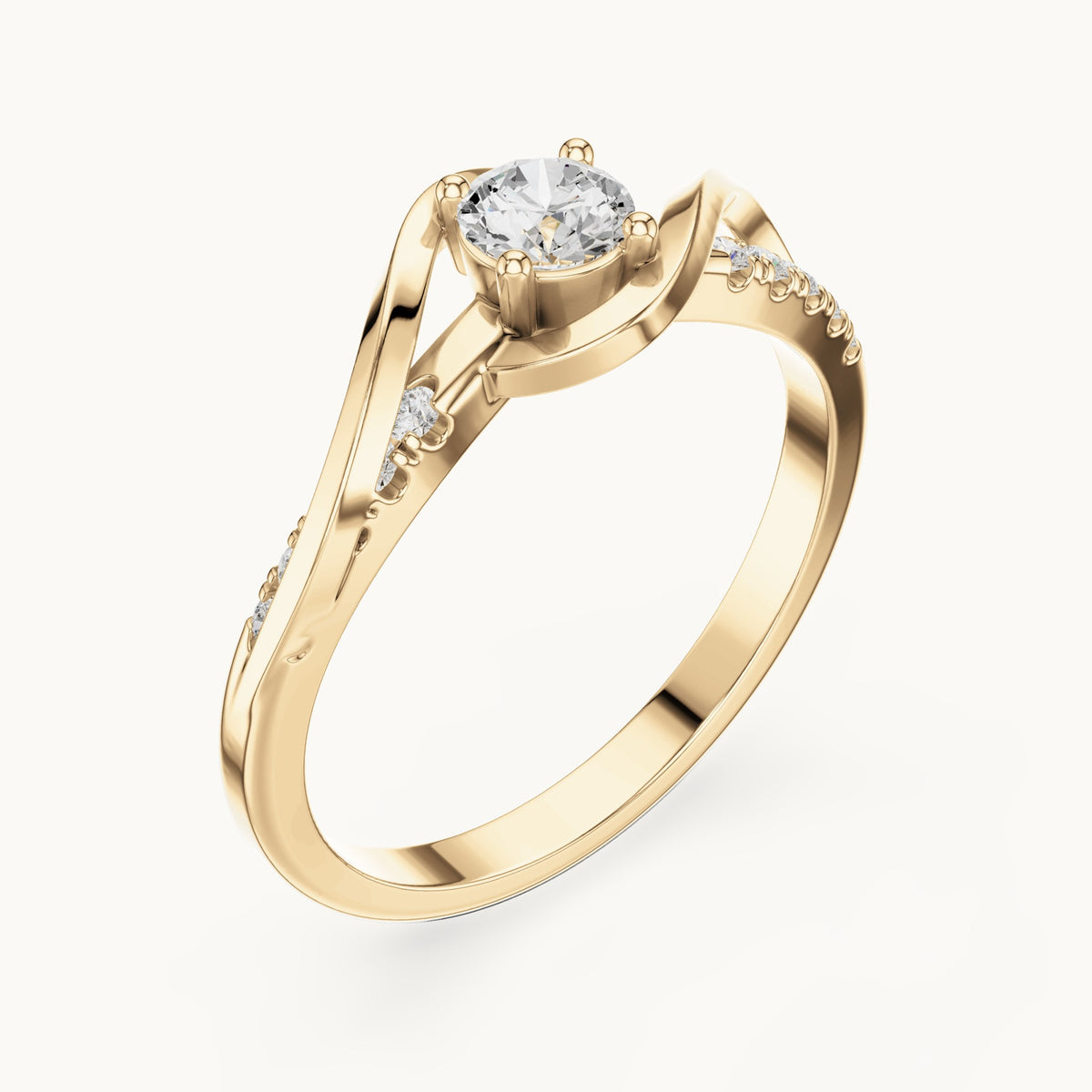 Round lab-grown diamond twisted bypass engagement ring with pavé shoulders in yellow gold, 0.37 CT TW, view 2