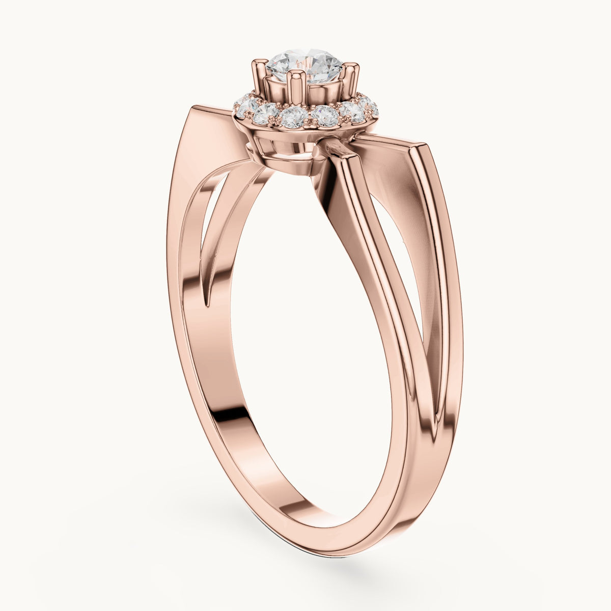 Round lab-grown diamond halo engagement ring with crossover band in rose gold, 0.23 CT TW, view 1