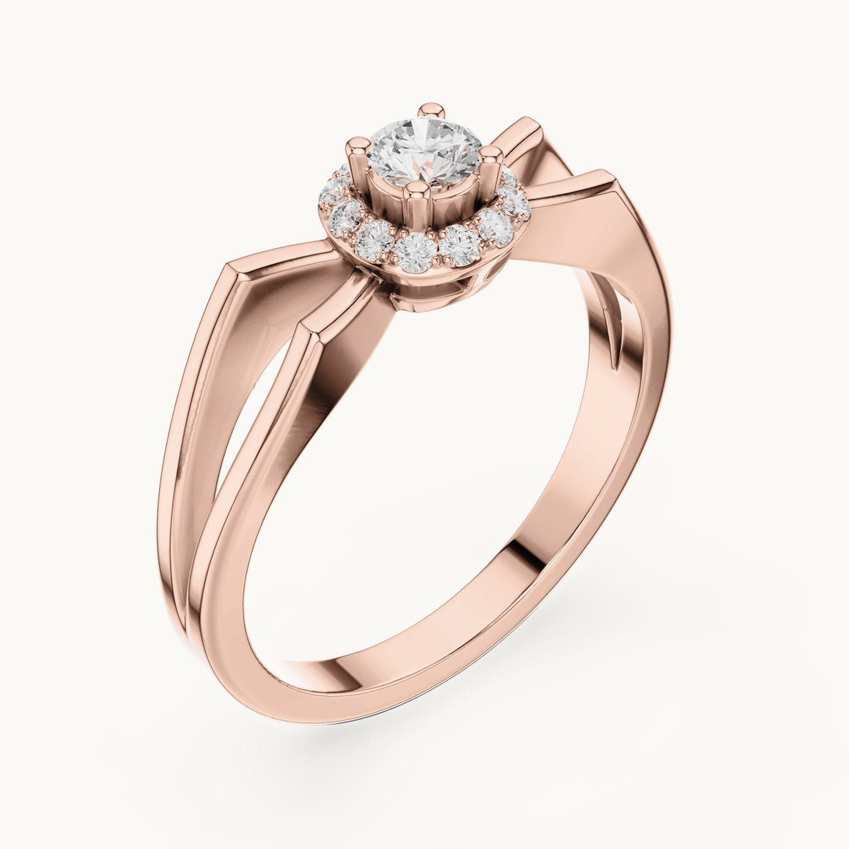 Round lab-grown diamond halo engagement ring with crossover band in rose gold, 0.23 CT TW, view 2