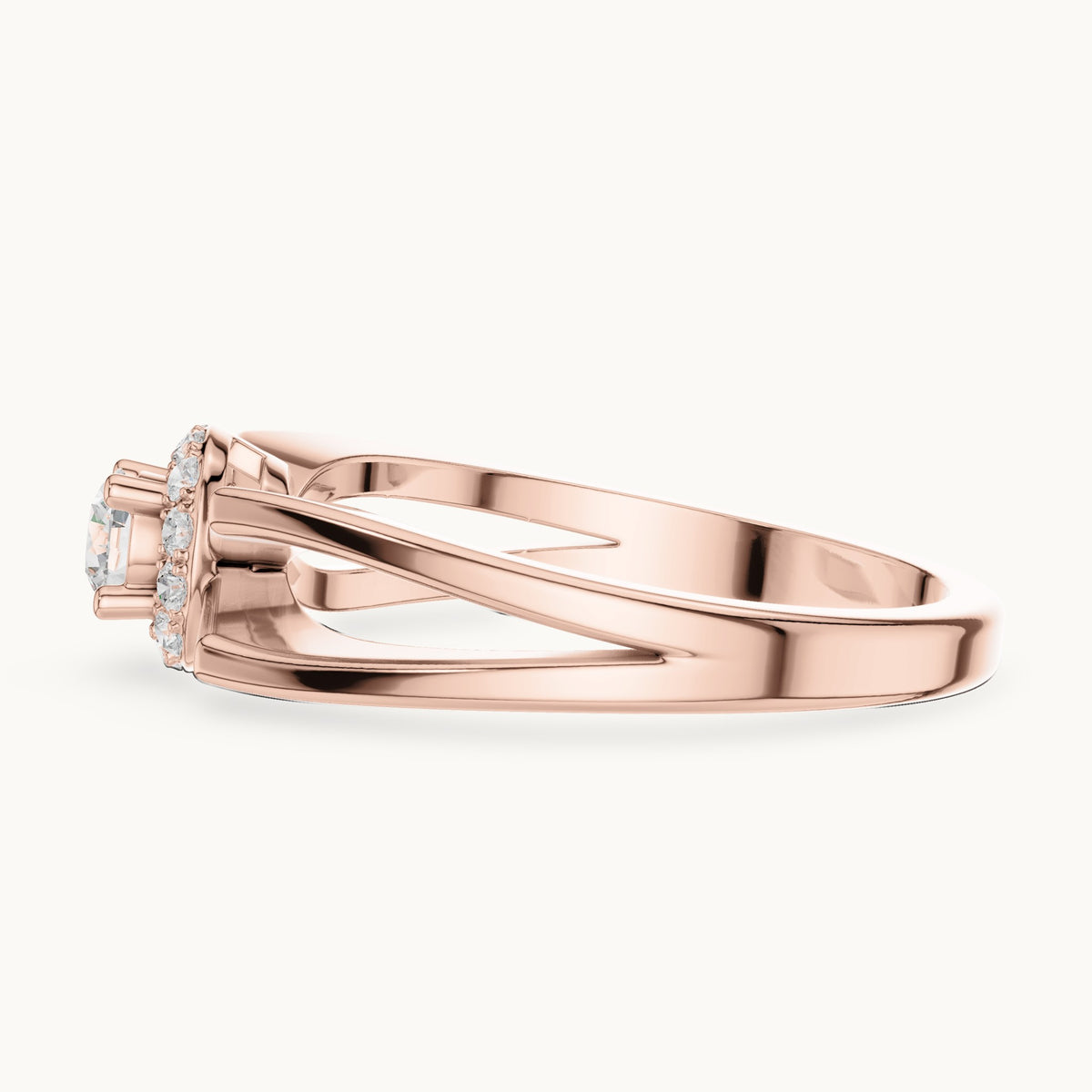 Round lab-grown diamond halo engagement ring with crossover band in rose gold, 0.23 CT TW, view 3