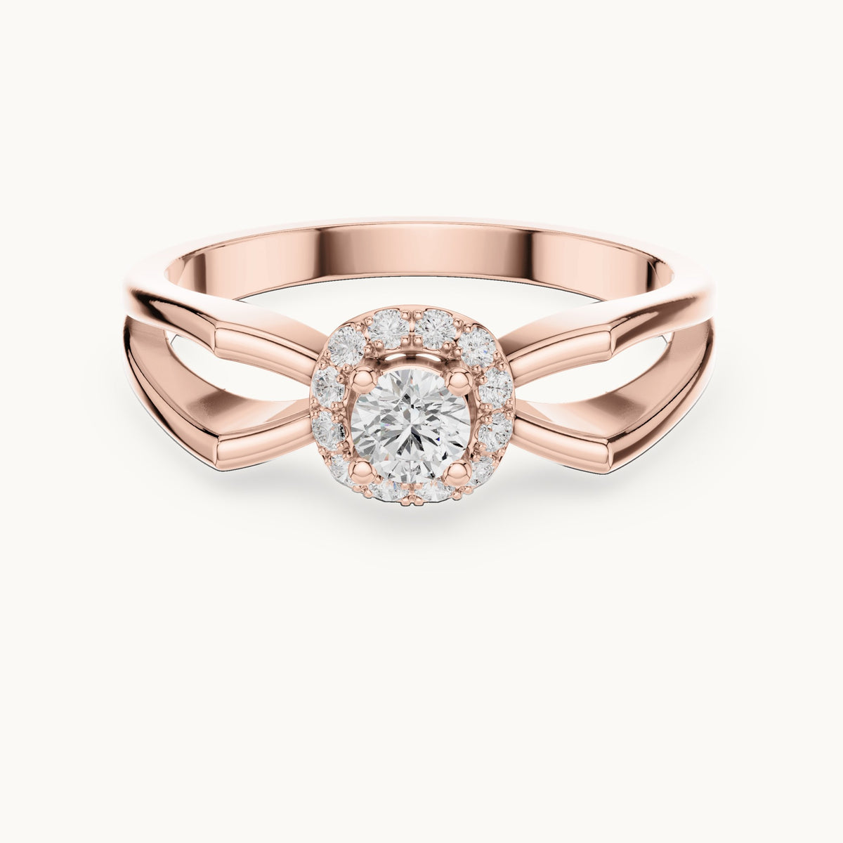 Round lab-grown diamond halo engagement ring with crossover band in rose gold, 0.23 CT TW, view 4