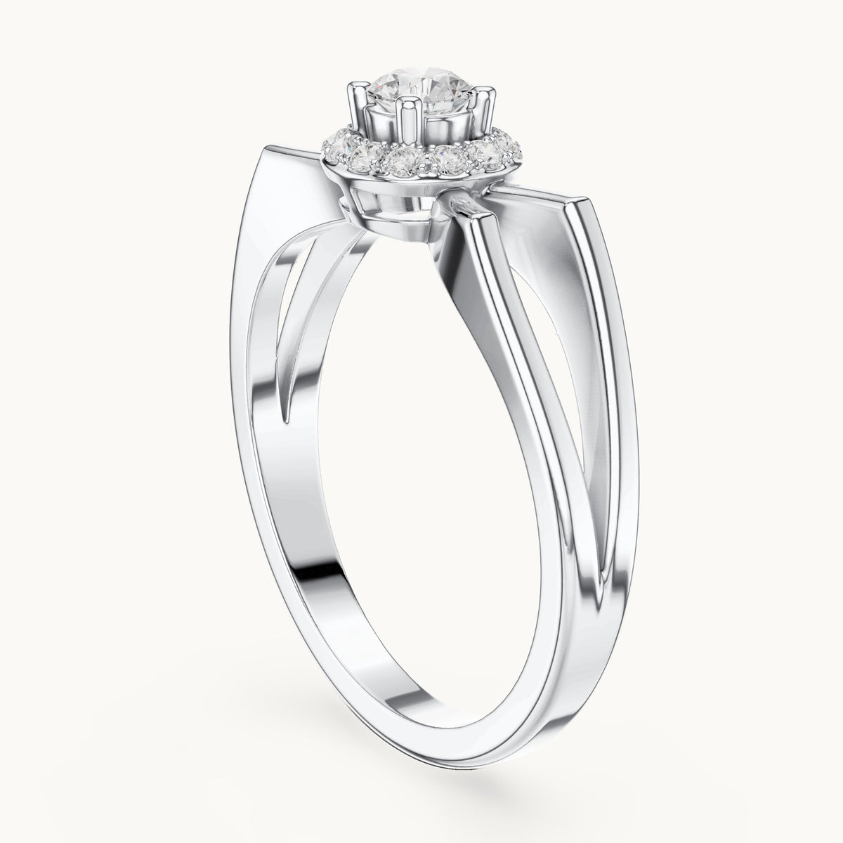Round lab-grown diamond halo engagement ring with crossover band in white gold, 0.23 CT TW, view 1