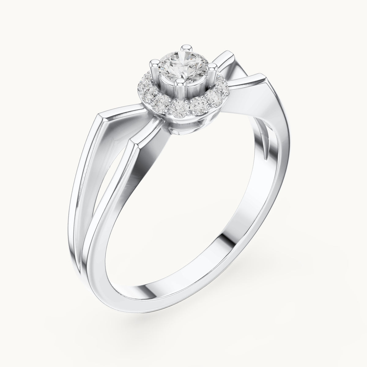 Round lab-grown diamond halo engagement ring with crossover band in white gold, 0.23 CT TW, view 2