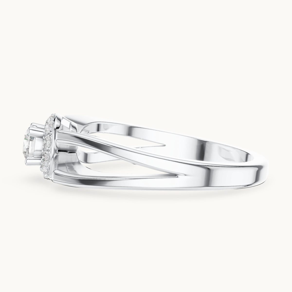 Round lab-grown diamond halo engagement ring with crossover band in white gold, 0.23 CT TW, view 3