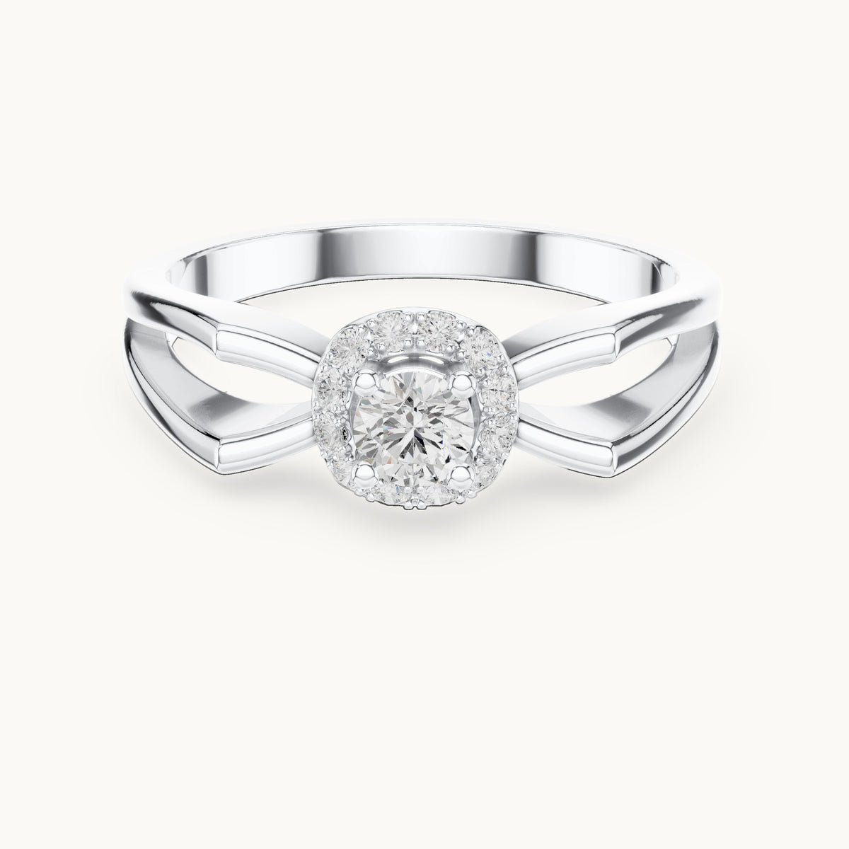 Round lab-grown diamond halo engagement ring with crossover band in white gold, 0.23 CT TW, view 4
