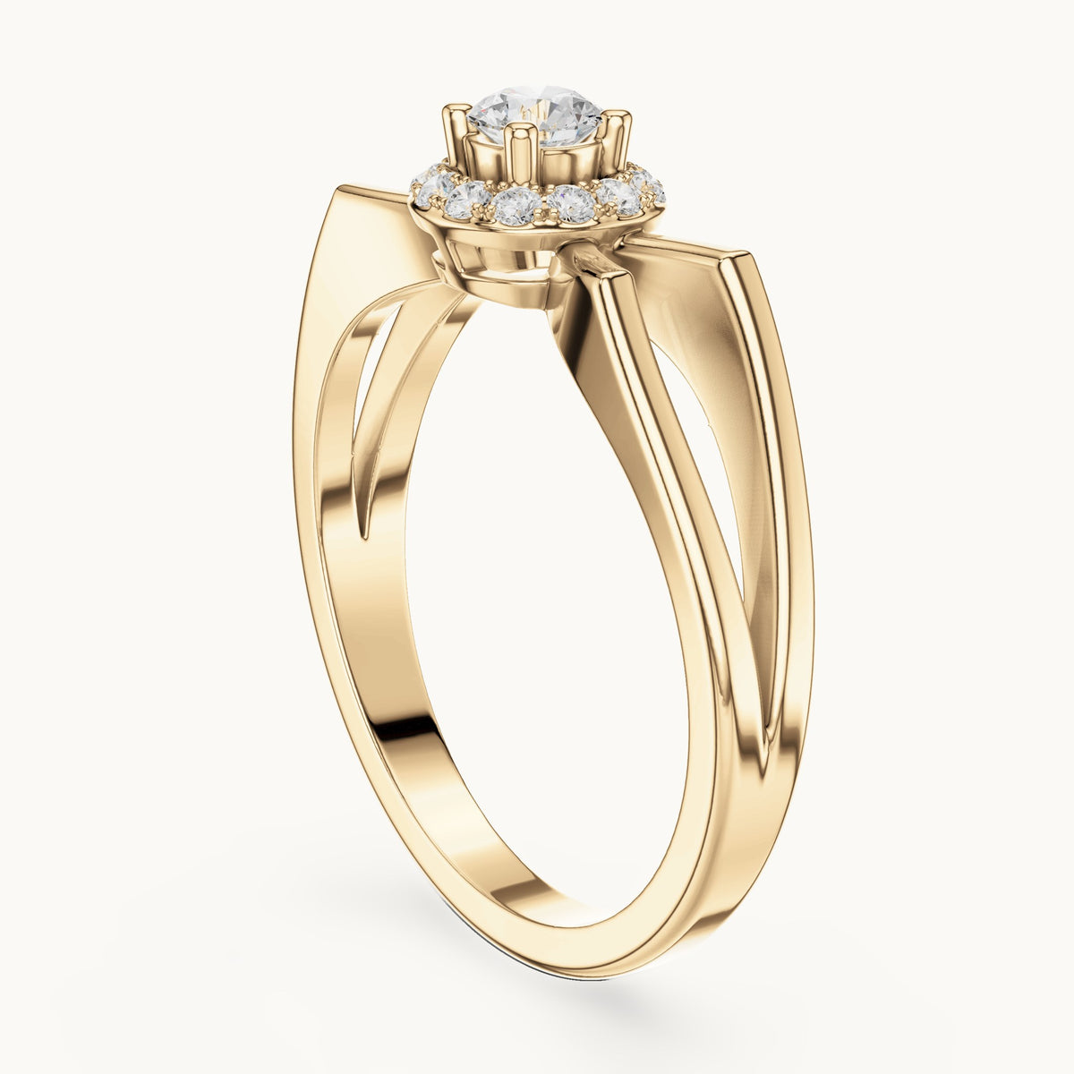 Round lab-grown diamond halo engagement ring with crossover band in yellow gold, 0.23 CT TW, view 1
