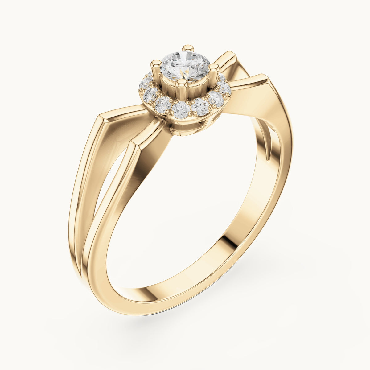 Round lab-grown diamond halo engagement ring with crossover band in yellow gold, 0.23 CT TW, view 2
