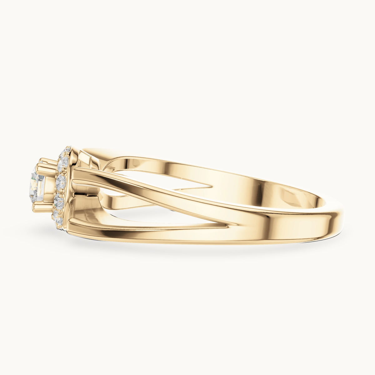 Round lab-grown diamond halo engagement ring with crossover band in yellow gold, 0.23 CT TW, view 3