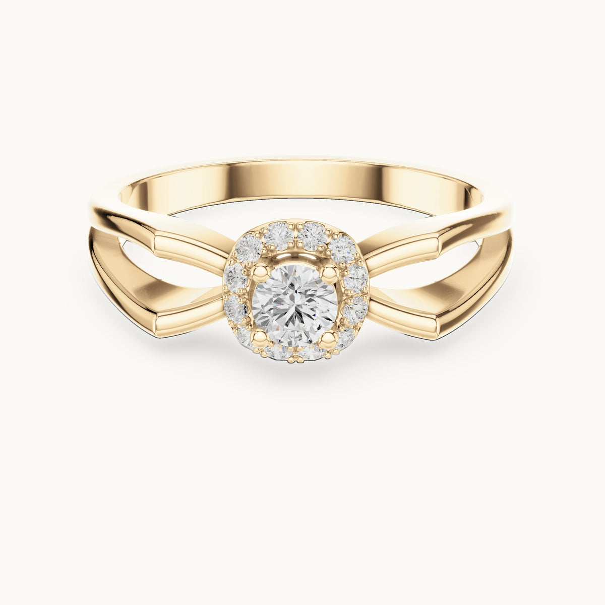 Round lab-grown diamond halo engagement ring with crossover band in yellow gold, 0.23 CT TW, view 4