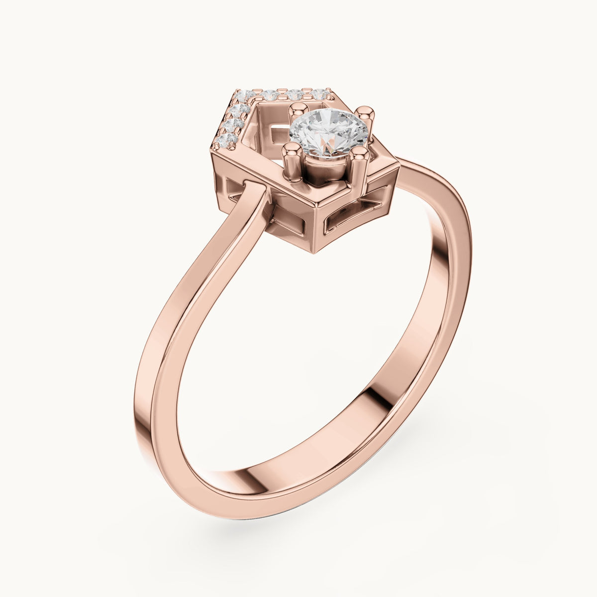 Round lab-grown diamond open pentagon frame ring in rose gold, 0.181 CT TW, view 2