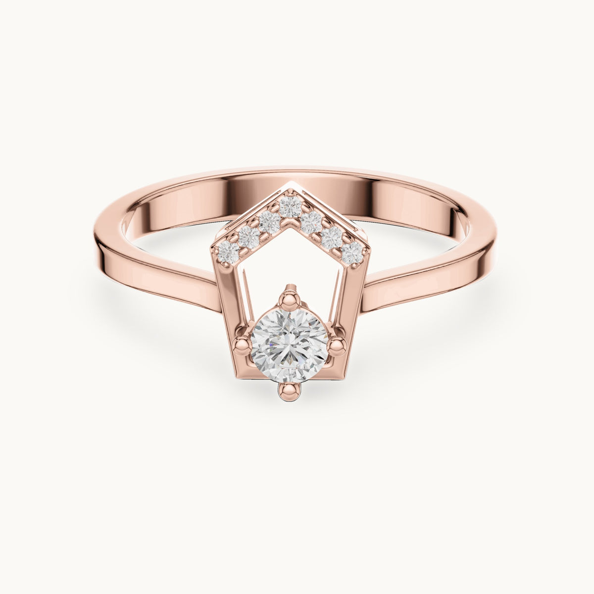 Round lab-grown diamond open pentagon frame ring in rose gold, 0.181 CT TW, view 4