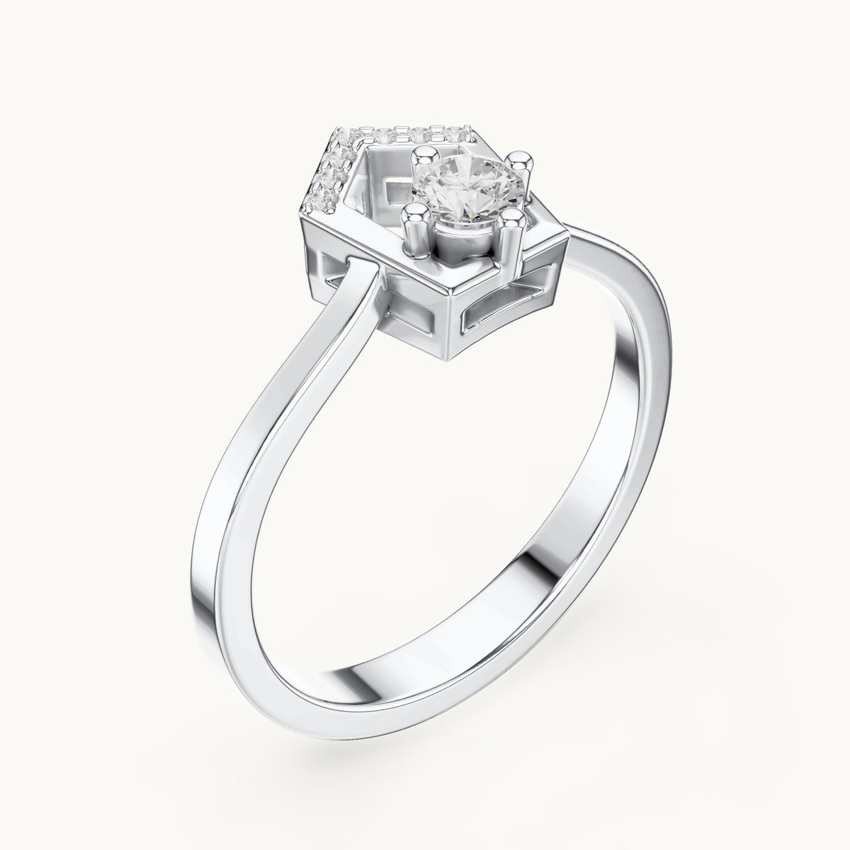 Round lab-grown diamond open pentagon frame ring in white gold, 0.181 CT TW, view 2
