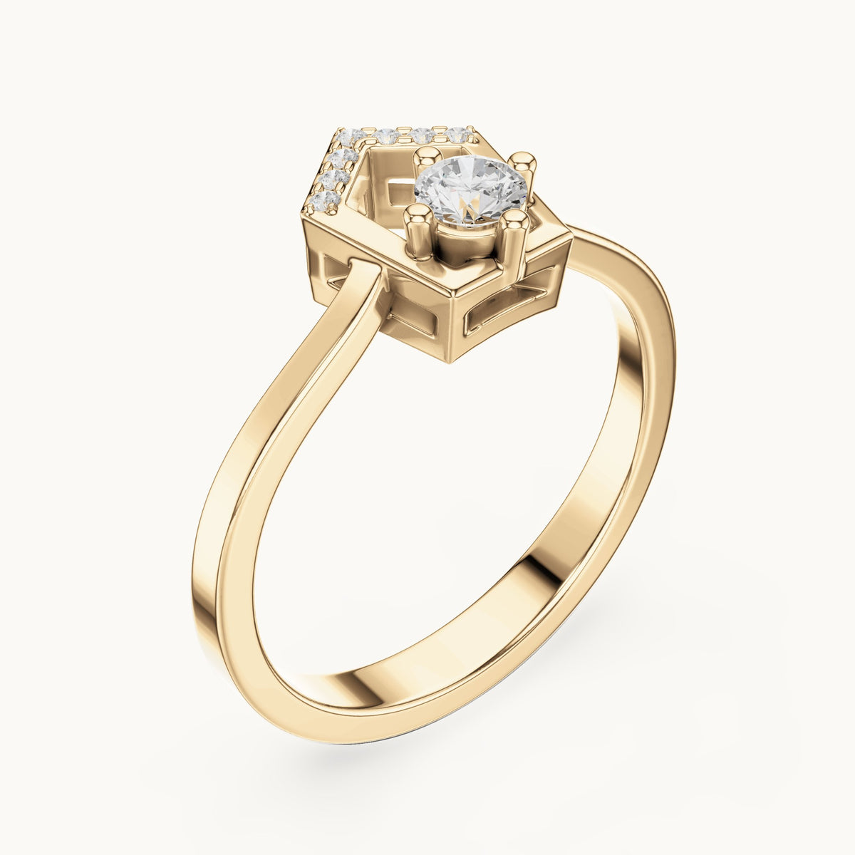 Round lab-grown diamond open pentagon frame ring in yellow gold, 0.181 CT TW, view 2