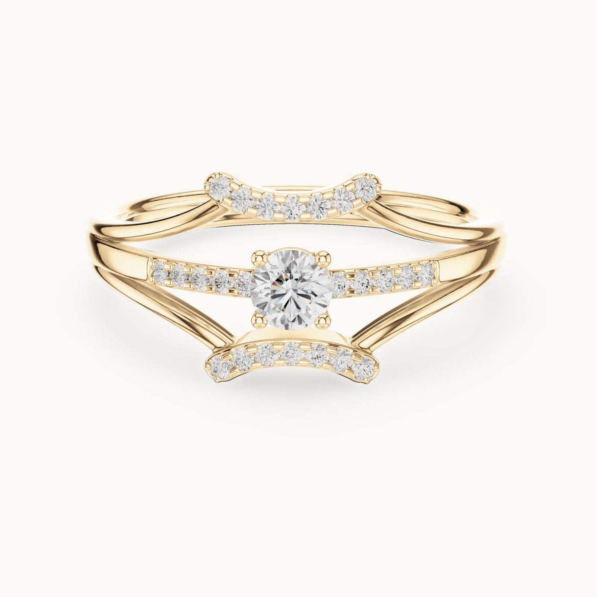 Round lab-grown diamond triple split band pavé engagement ring in yellow gold, 0.266 CT TW, view 4