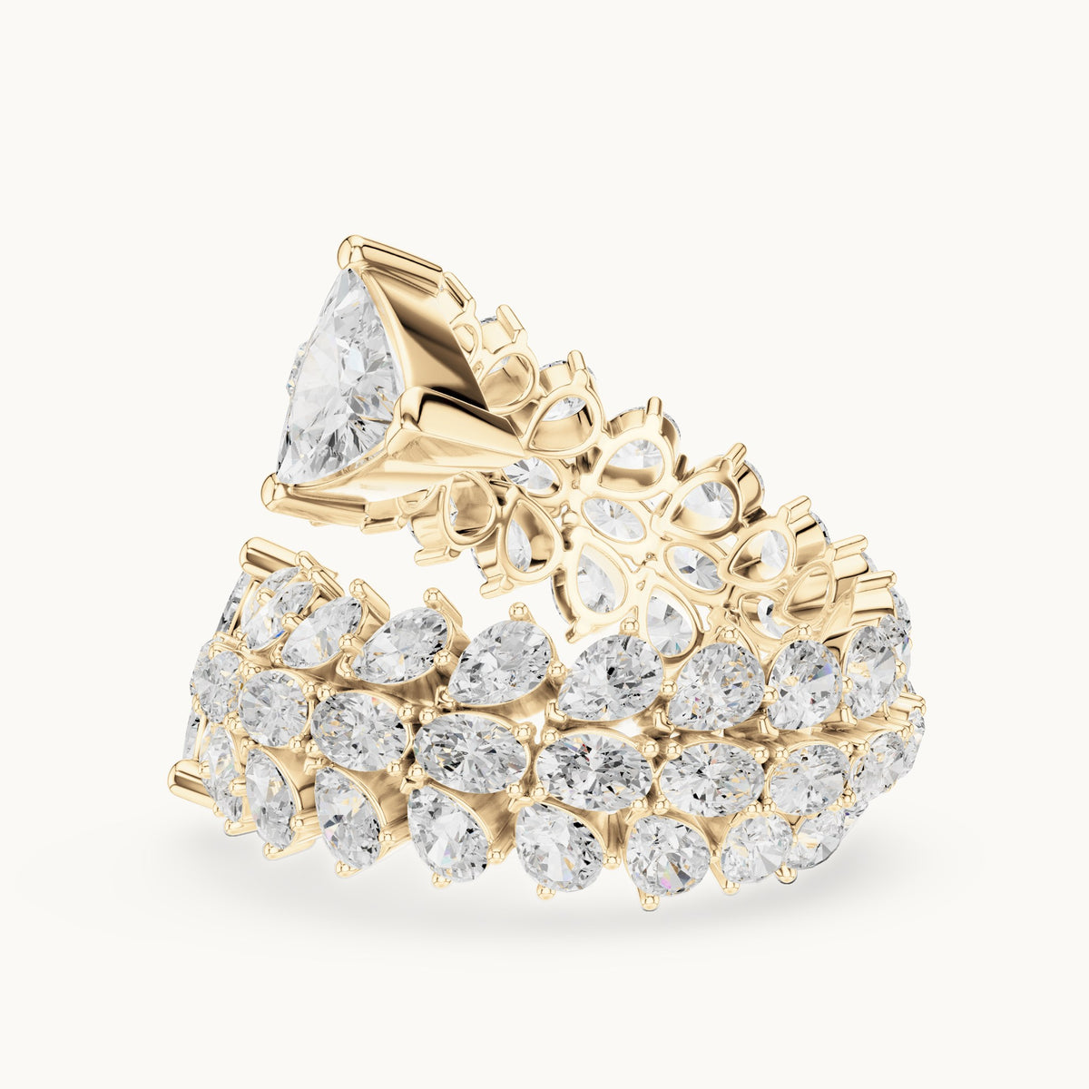 Pear, trillion and oval lab-grown diamond bypass cocktail ring with trillion tips in yellow gold, 6.92 CT TW, view 3