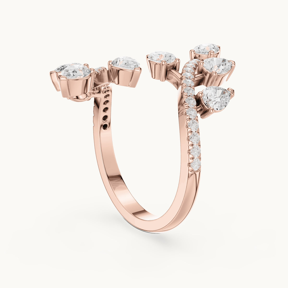 Pear and round lab-grown diamond leaf wrap ring in rose gold, 2.018 CT TW, view 1