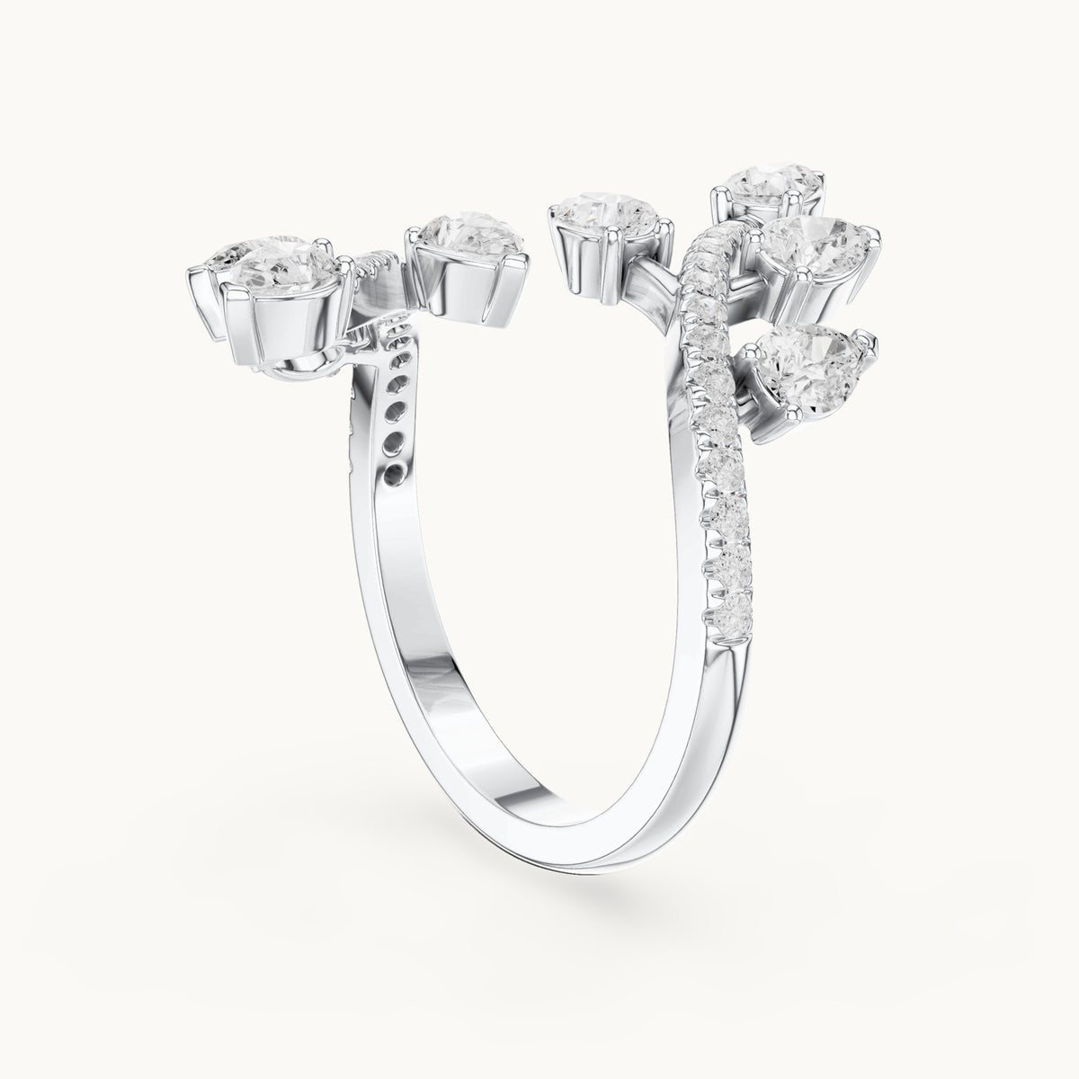 Pear and round lab-grown diamond leaf wrap ring in white gold, 2.018 CT TW, view 1