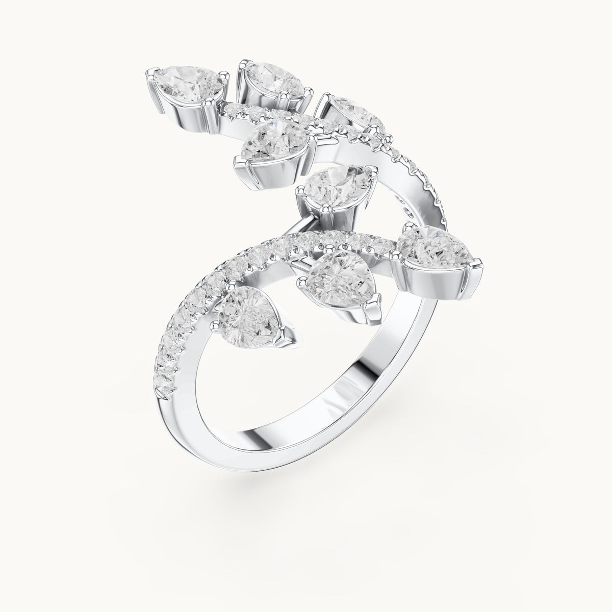 Pear and round lab-grown diamond leaf wrap ring in white gold, 2.018 CT TW, view 2