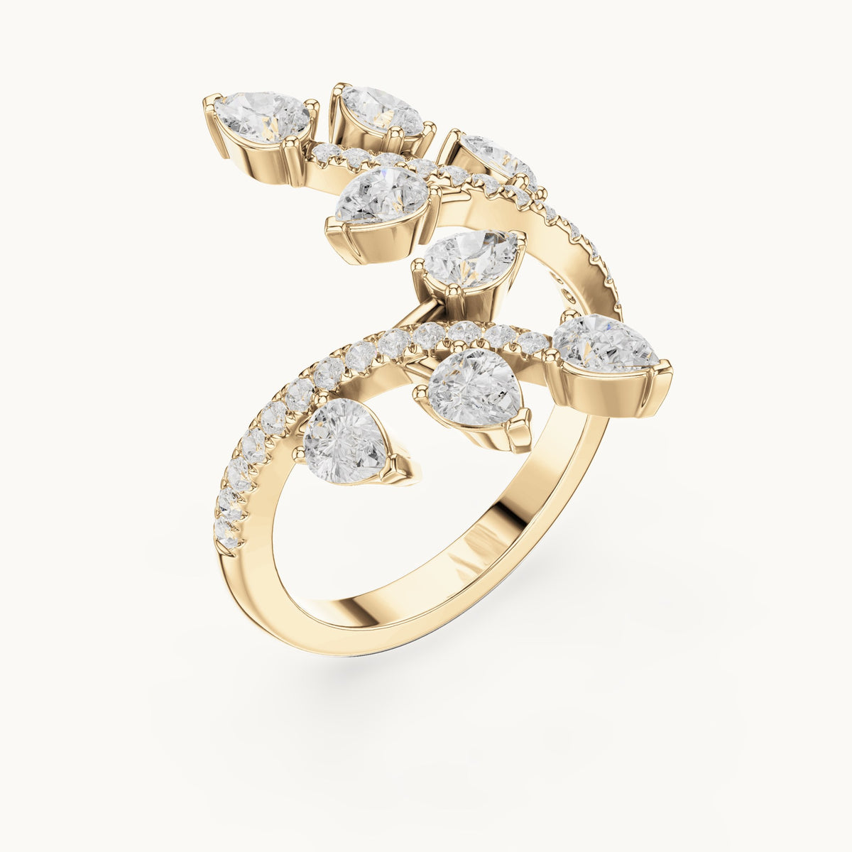 Pear and round lab-grown diamond leaf wrap ring in yellow gold, 2.018 CT TW, view 2