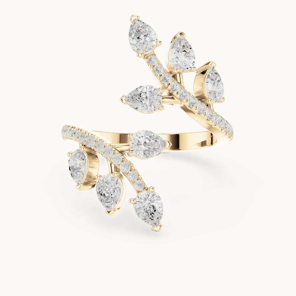 Pear and round lab-grown diamond leaf wrap ring in yellow gold, 2.018 CT TW, view 4