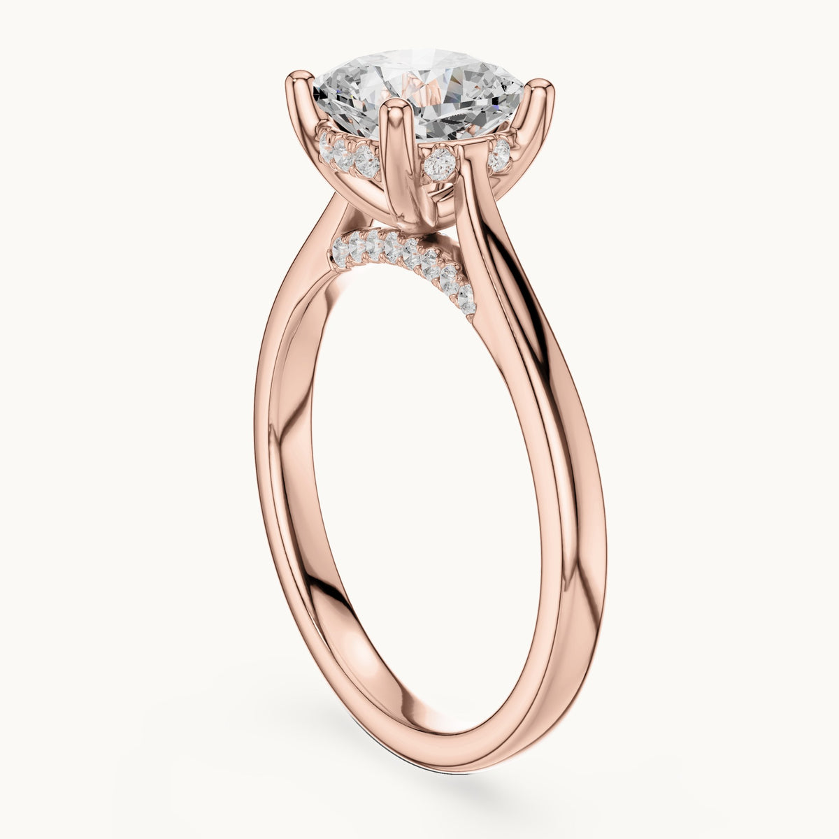 Cushion-cut and round lab-grown diamond hidden halo cathedral engagement ring in rose gold, 2.15 CT TW, view 1