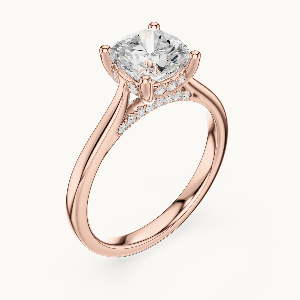 Cushion-cut and round lab-grown diamond hidden halo cathedral engagement ring in rose gold, 2.15 CT TW, view 2