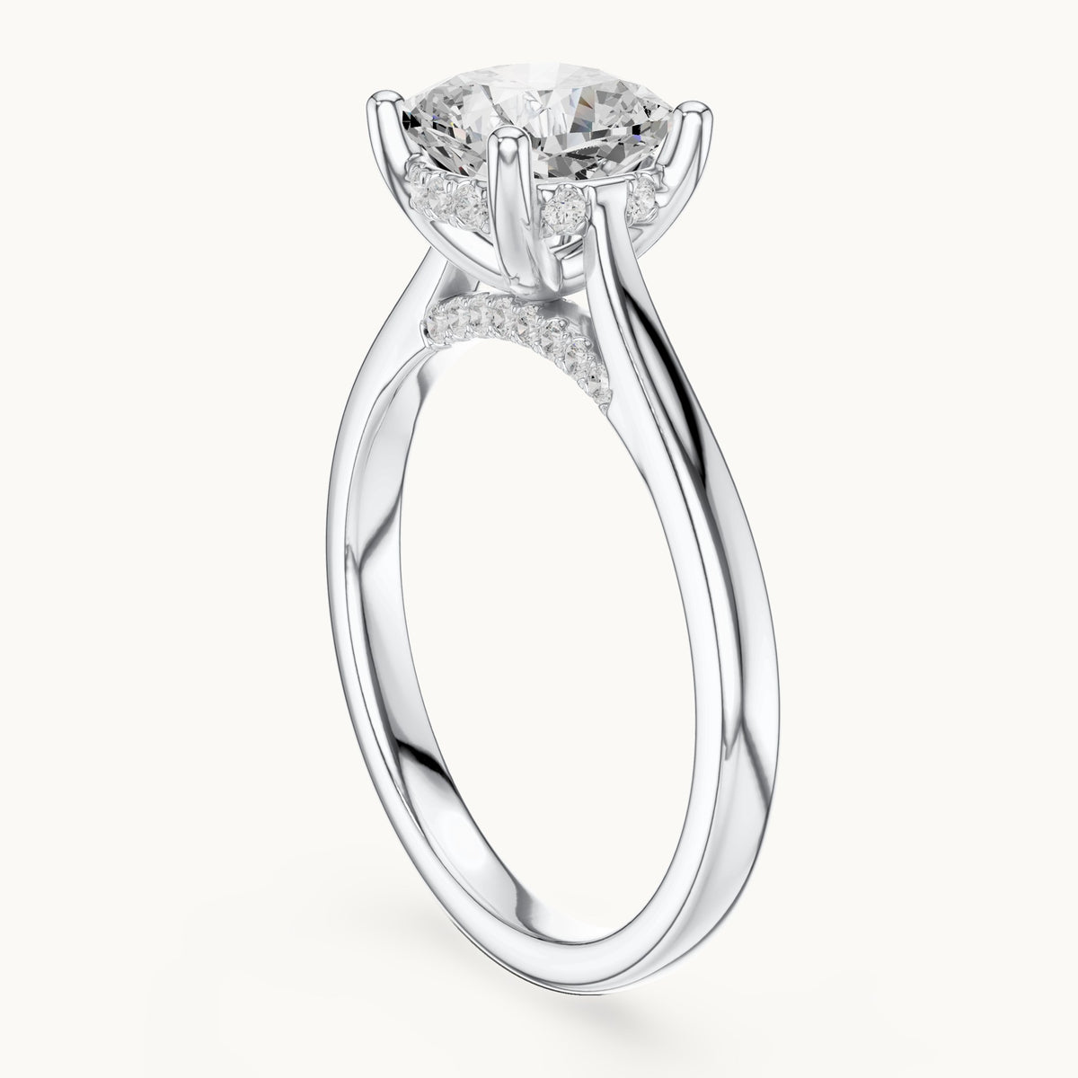 Cushion-cut and round lab-grown diamond hidden halo cathedral engagement ring in white gold, 2.15 CT TW, view 1