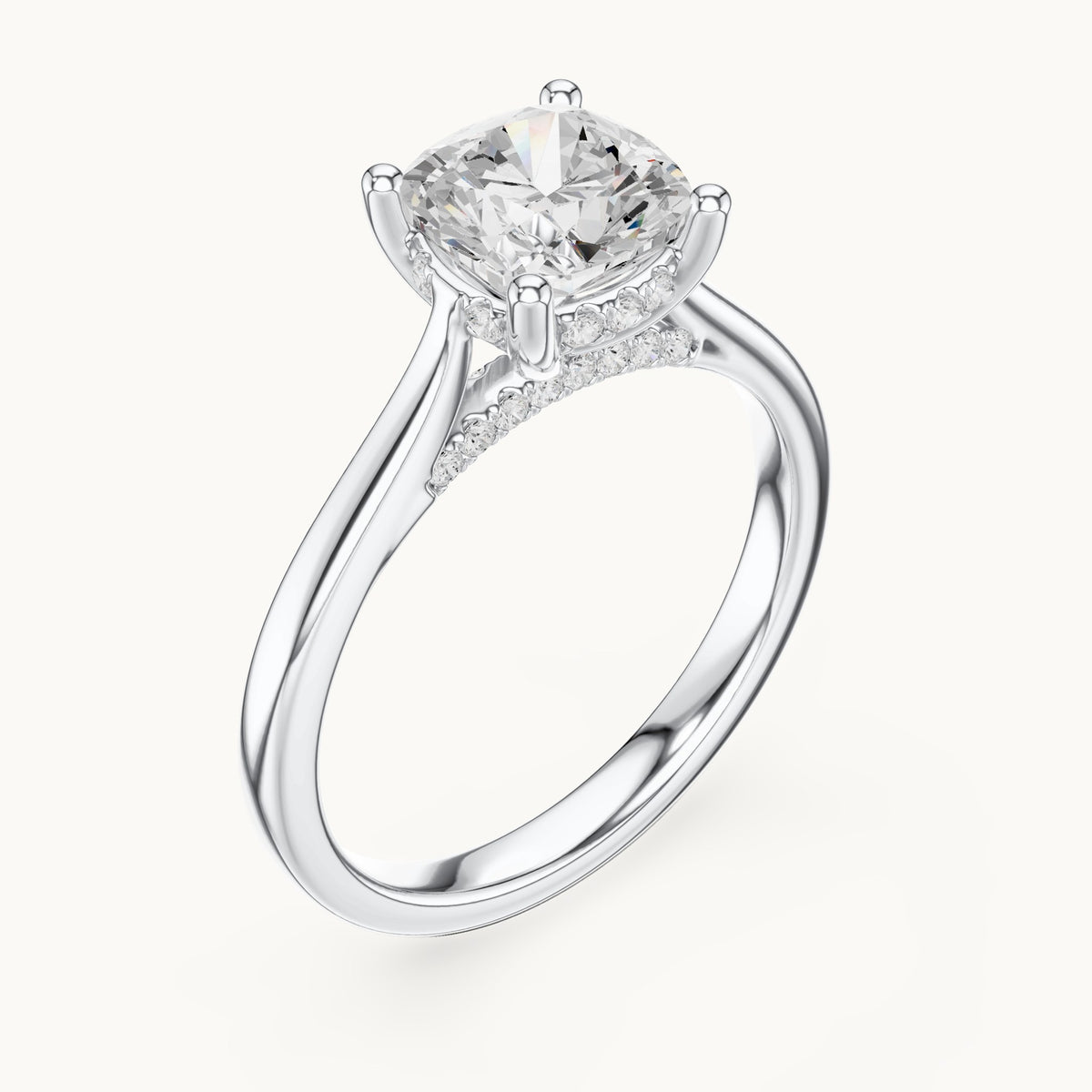 Cushion-cut and round lab-grown diamond hidden halo cathedral engagement ring in white gold, 2.15 CT TW, view 2
