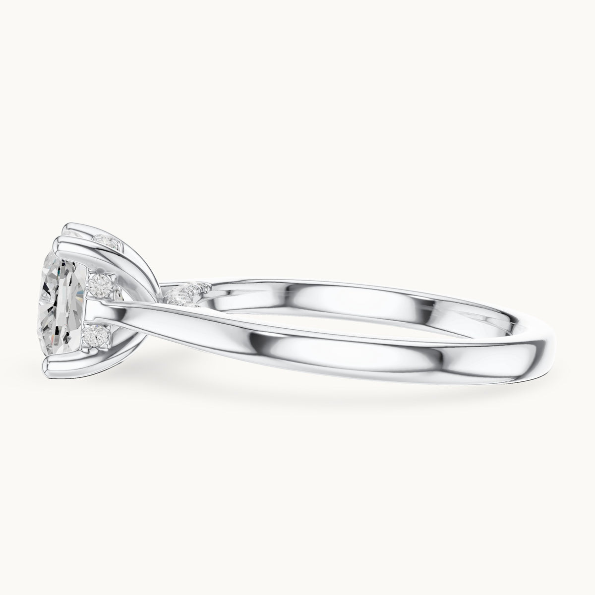 Cushion-cut and round lab-grown diamond hidden halo cathedral engagement ring in white gold, 2.15 CT TW, view 3