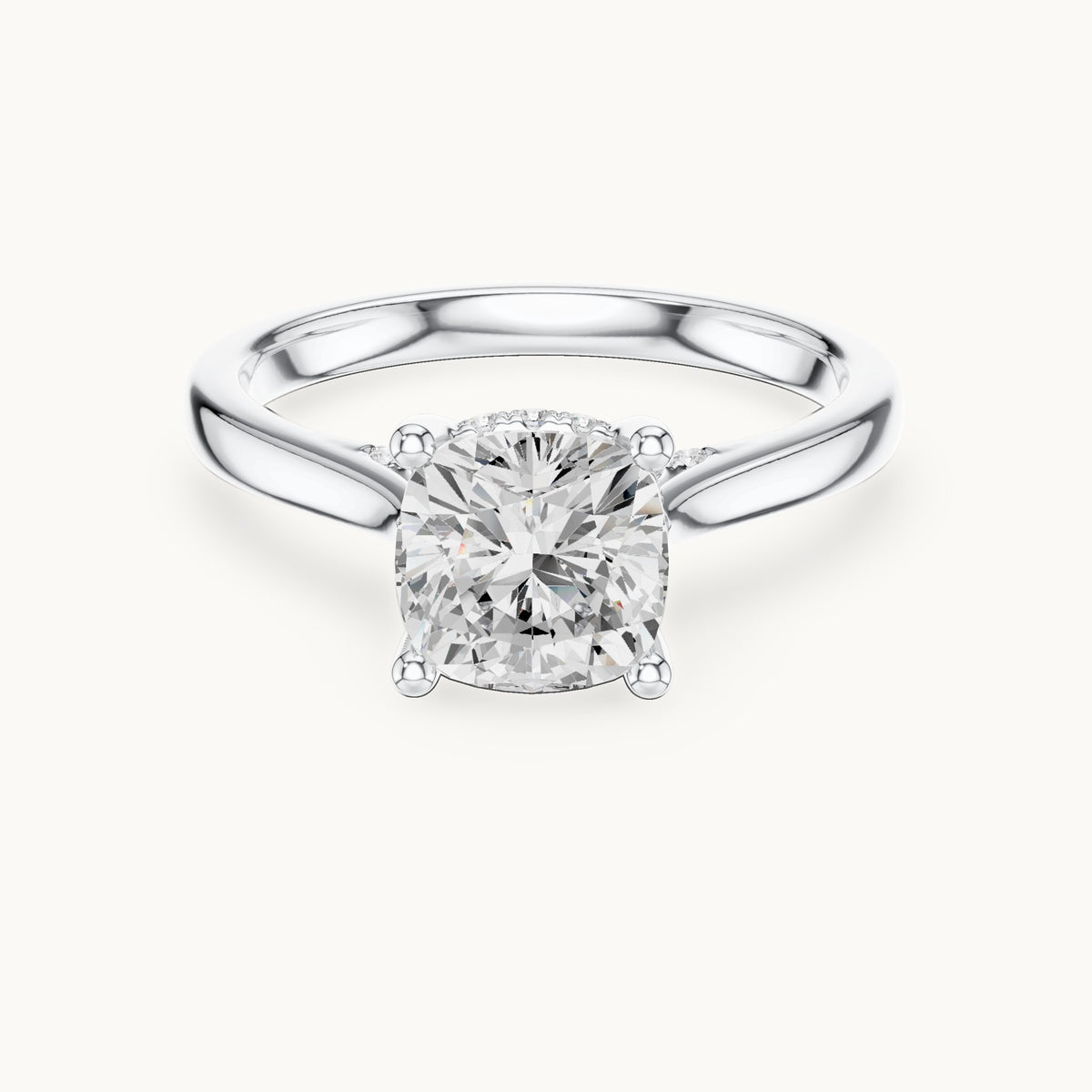 Cushion-cut and round lab-grown diamond hidden halo cathedral engagement ring in white gold, 2.15 CT TW, view 4
