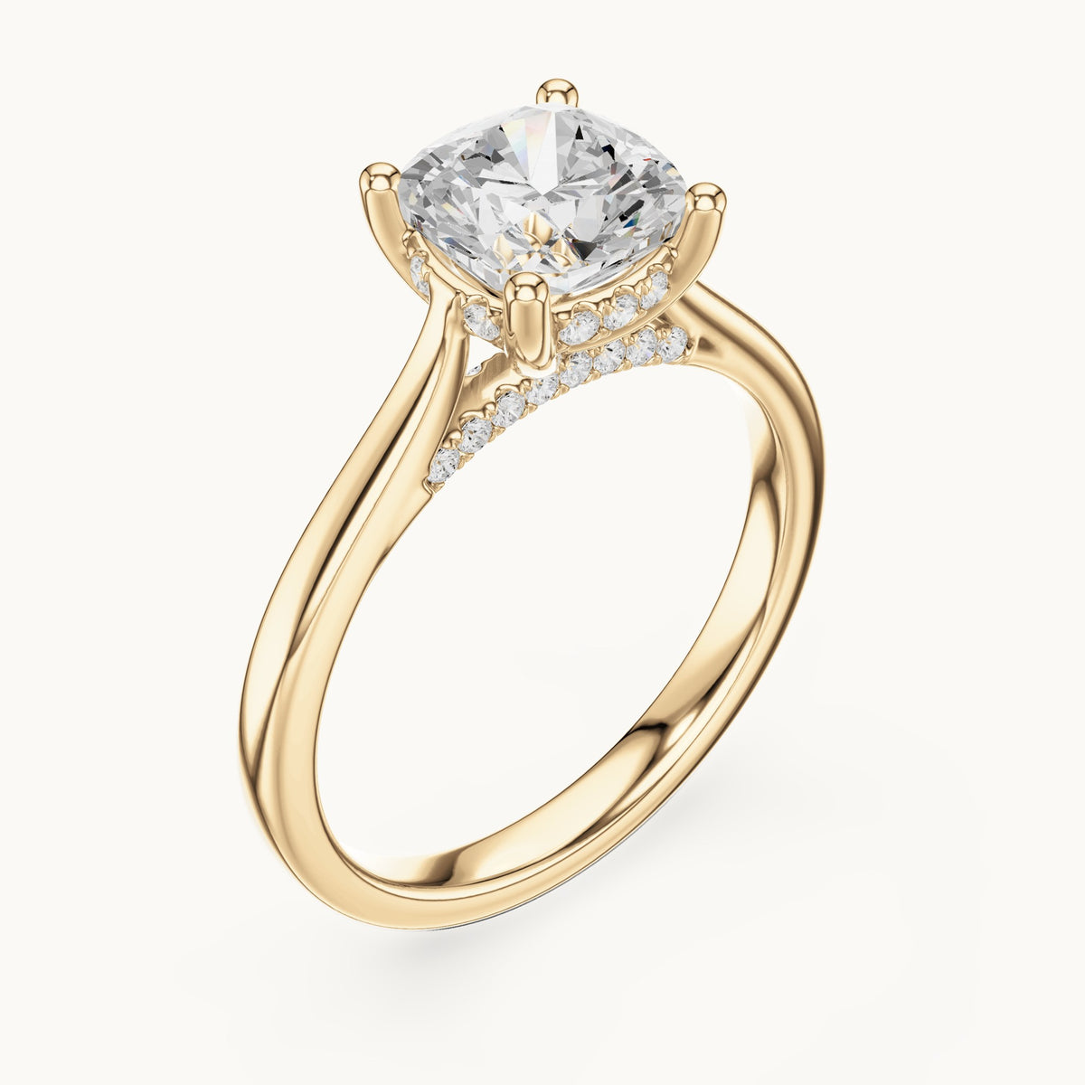 Cushion-cut and round lab-grown diamond hidden halo cathedral engagement ring in yellow gold, 2.15 CT TW, view 2