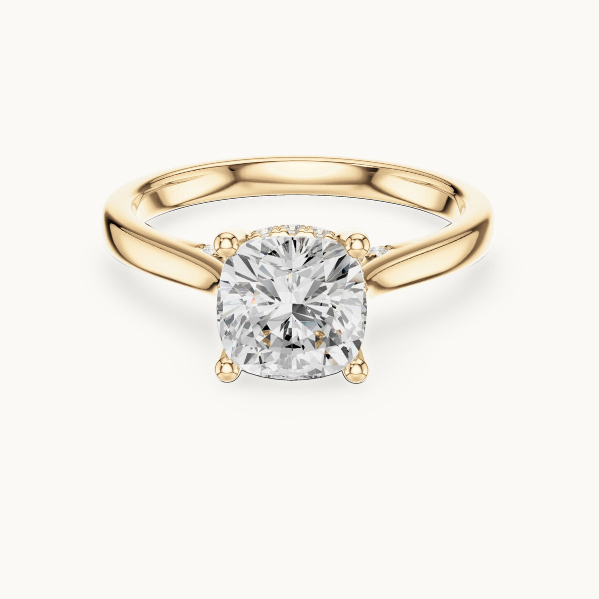 Cushion-cut and round lab-grown diamond hidden halo cathedral engagement ring in yellow gold, 2.15 CT TW, view 4