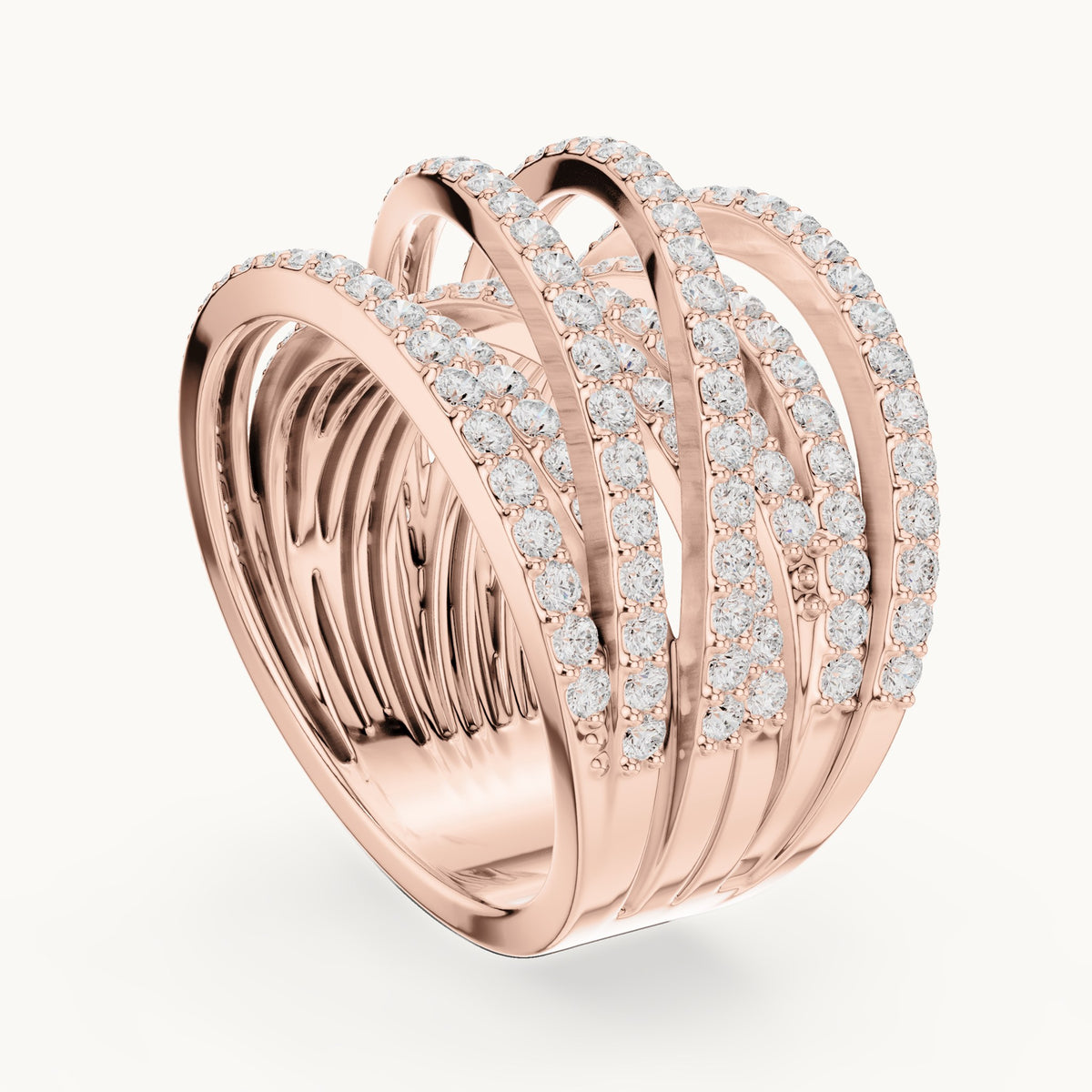 Round lab-grown diamond multi-row crossover pavé cocktail ring in rose gold, 1.634 CT TW, view 1