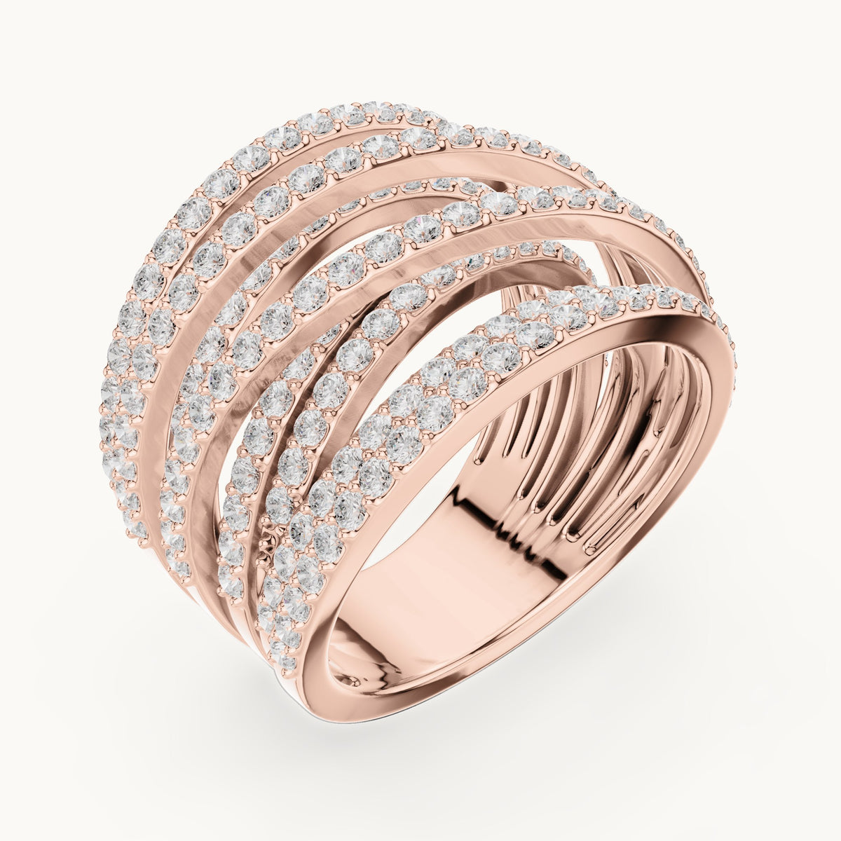 Round lab-grown diamond multi-row crossover pavé cocktail ring in rose gold, 1.634 CT TW, view 2